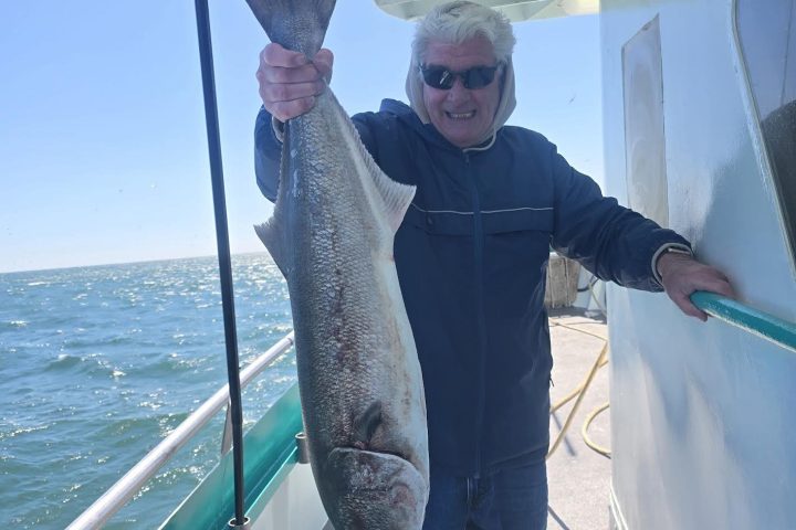 Person on a boat holding a large fish, with the ocean in the background.