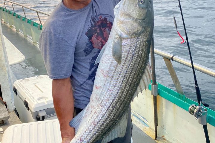 a man holding a fish on a boat