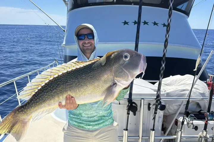 Person holding a large fish on a boat deck with ocean and sky in the background.