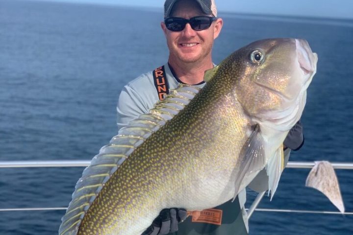 a man holding a fish in the water