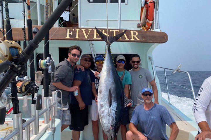 a group of people standing in front of a fish