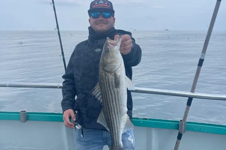 a man holding a fish on a boat