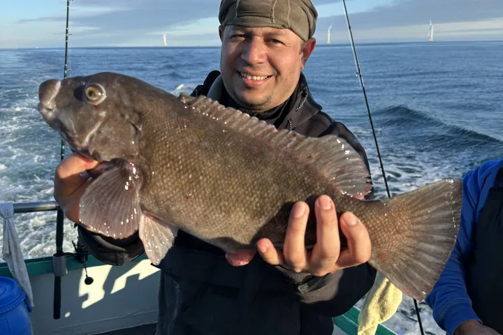Person holding a large fish on a boat with ocean and clear sky in the background.
