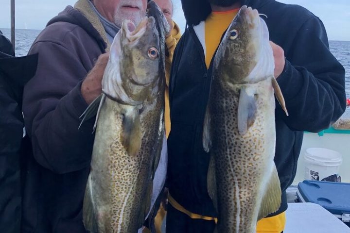 a group of people standing next to a person holding a fish