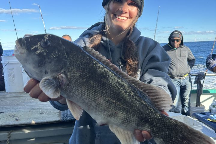 Person in a beanie holding a large fish on a boat with fishing rods and blue sky.