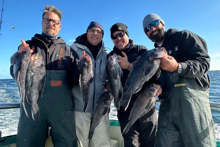 Four men on boat holding caught fish, smiling, with sea and sky in background.