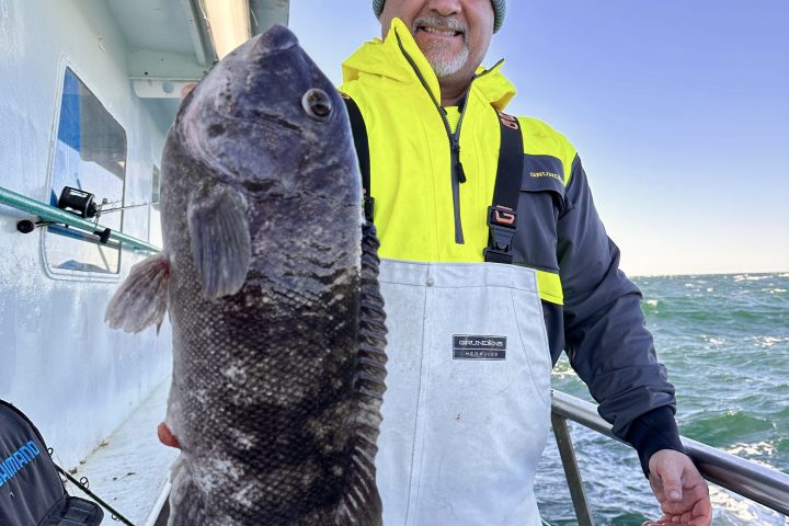 Man in bright jacket on a boat holding a large fish with the sea in the background.
