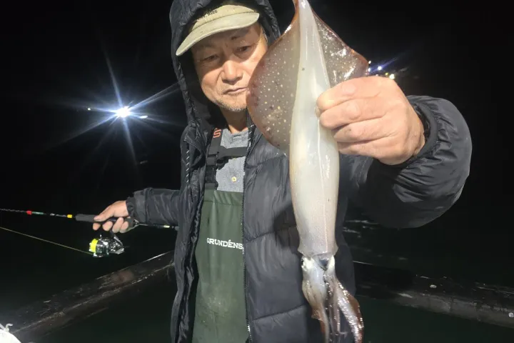 Person on a boat at night holding a large squid with fishing rods in the background.