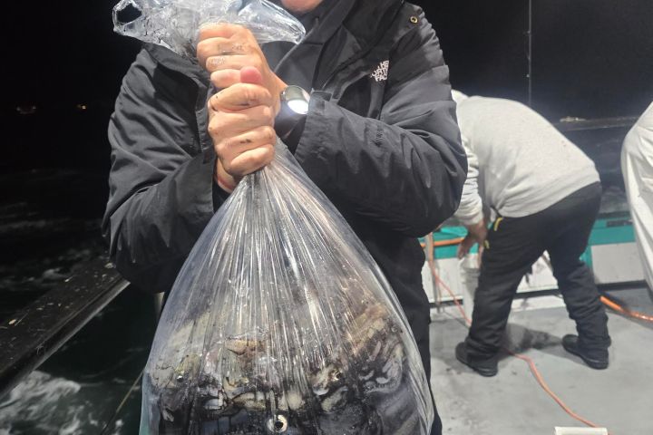 Person smiling, holding a clear bag filled with crabs on a boat at night.