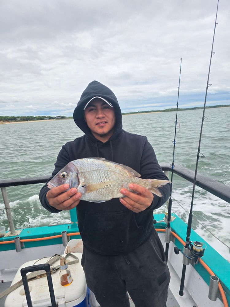 a person holding a fish on a boat in a body of water
