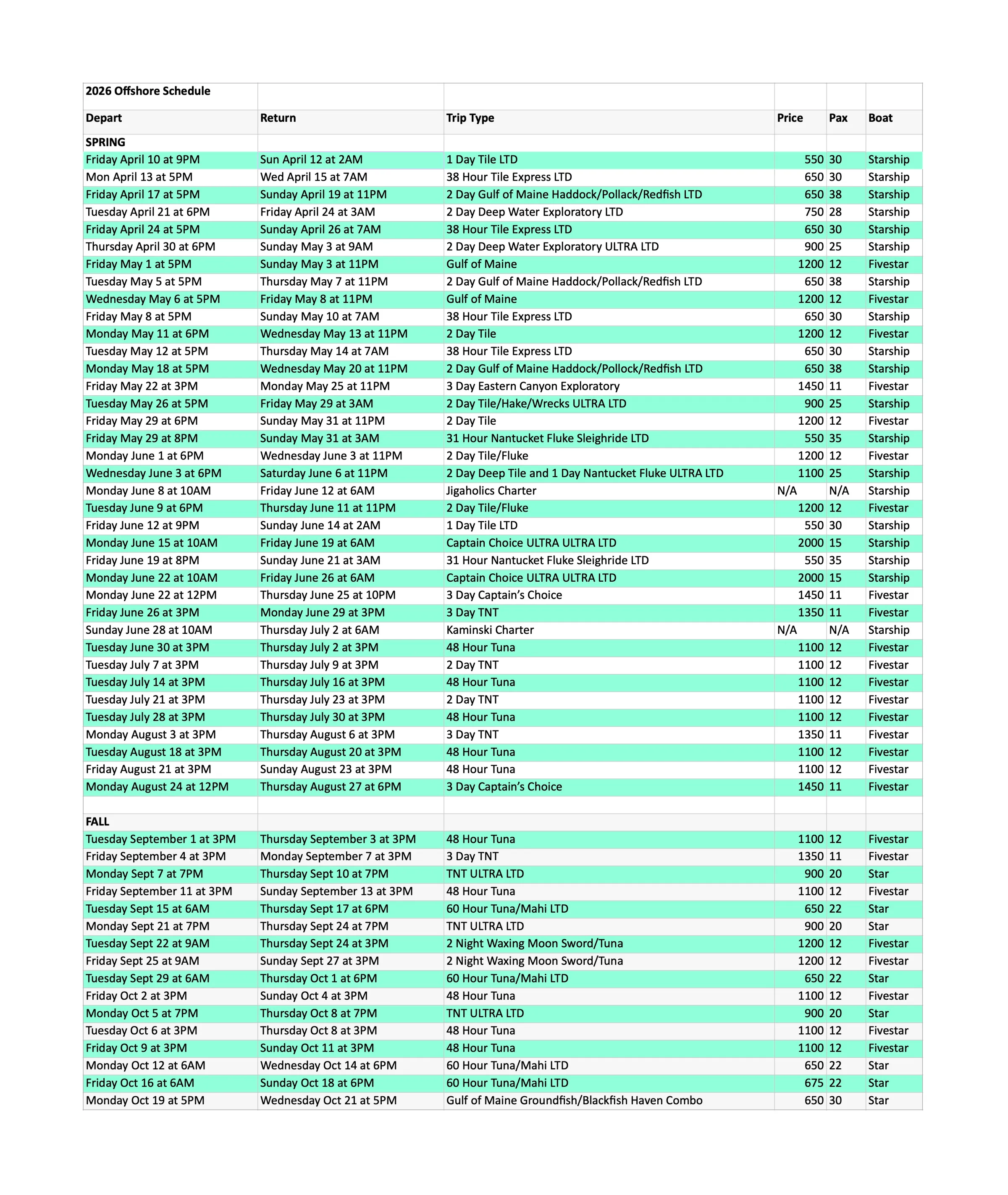 Color-coded 2026 offshore schedule listing dates, trip types, prices, and boats for fishing trips.