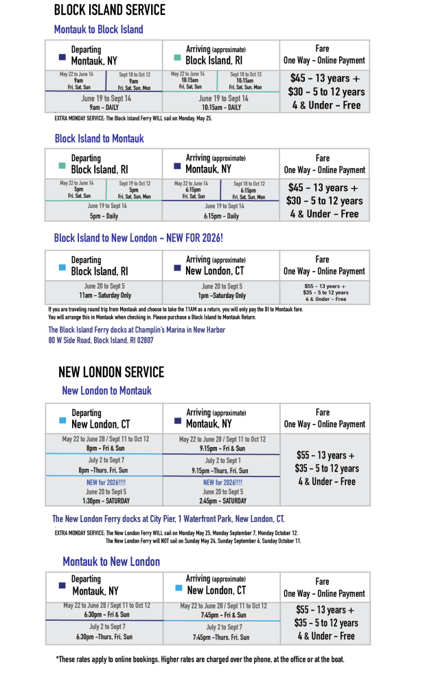 Ferry schedule from Montauk, New London to Block Island for 2026 with fares by age group.