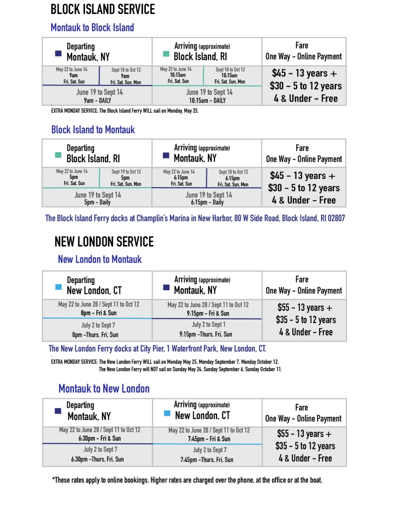 Ferry schedule for Block Island and New London services from Montauk, listing dates, times, and fares.